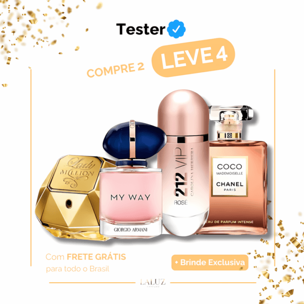 Combo de 4 Perfumes Tester - Lady Million, 212 VIP Rosé, Coco Chanel Mademoiselle e My Way