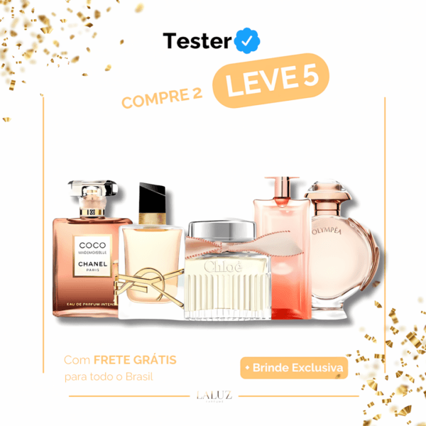 Combo de 5 Perfumes Tester - Coco Mademoiselle Chanel, Libre Yves Saint Laurent, Chloé Signature, Lâncome Idôle e Olympéa