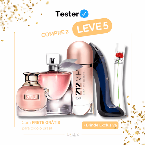 Combo de 5 Perfumes Tester - Scandal, 212 VIP Rosé, La Vie est Belle, Good Girl e Kenzo