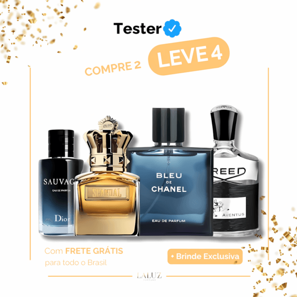 Combo de 4 Perfumes Tester - Sauvage, Scandal Pour Homme Absolu, Bleu de Chanel e Creed Aventus