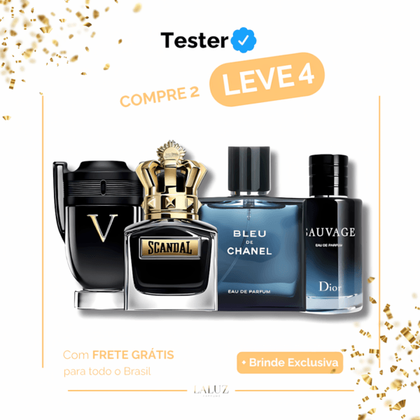 Combo de 4 Perfumes Tester - Scandal, Sauvage, Bleu de Chanel e Invictus Victory
