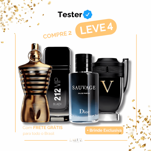Combo de 4 Perfumes Tester - Le Male Elixir, 212 VIP Black, Sauvage e Invictus Victory