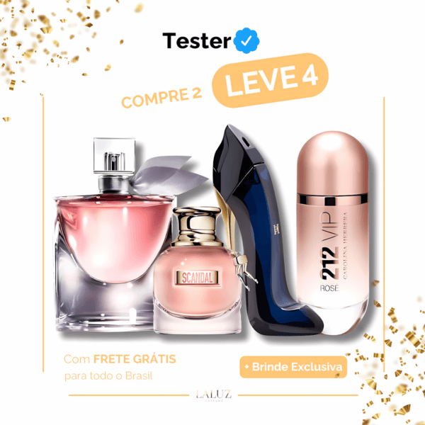 Combo de 4 Perfumes Tester - Scandal, 212 VIP Rosé, La Vie est Belle e Good Girl